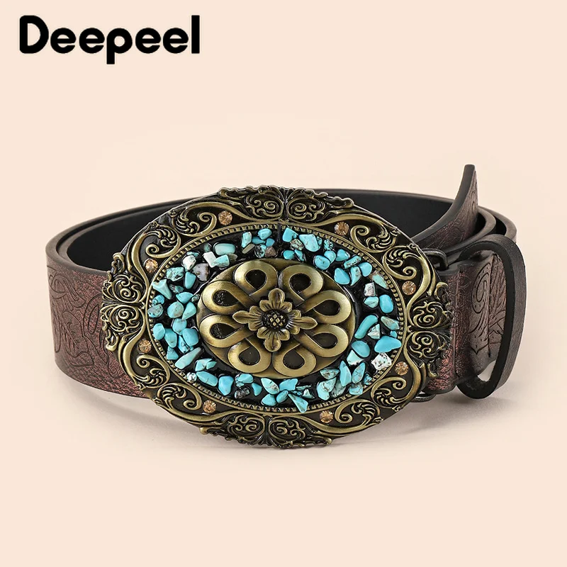 1Pc Deepeel 3,5*105cm Mode Retro Ethnischen Stil Gürtel frauen Breite Gürtel Luxus Stein Schnallen Geprägte dekorative DressWaistband