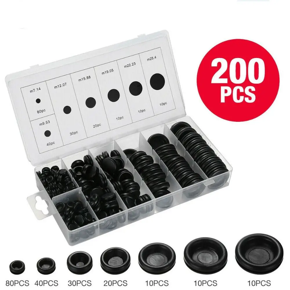 

200Pcs Black Grommet Kits NEW 7 Sizes Closed Hole Plugs Firewall Grommet Single sided Grommet Washers for Wiring