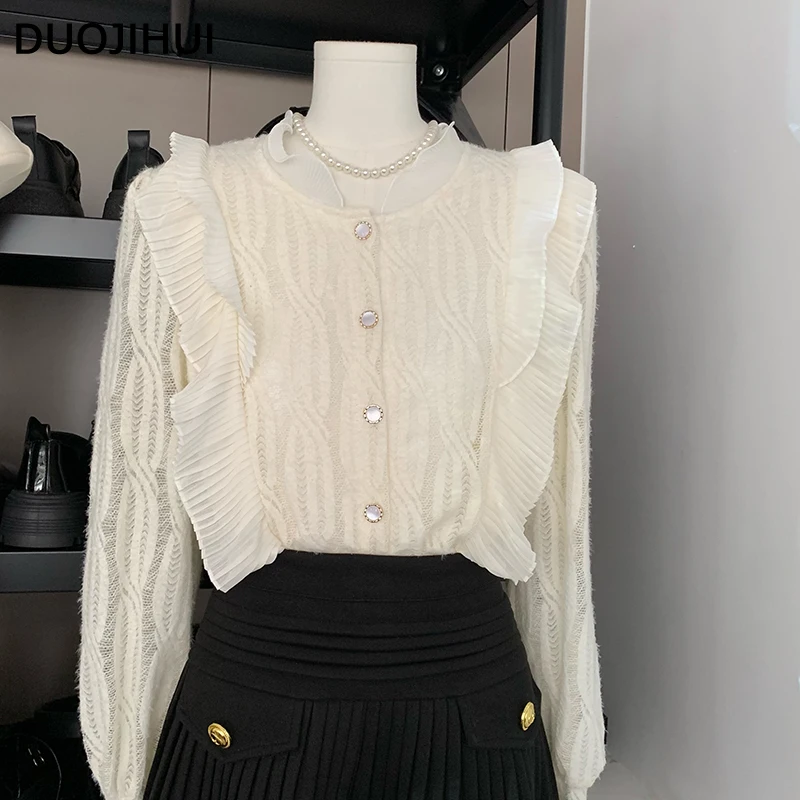 

DUOJIHUI French Sweet Chicly Ruffles Women Blouse Autumn Basic Solid Color Long Sleeve Fashion Lace Simple Elegant Female Blouse