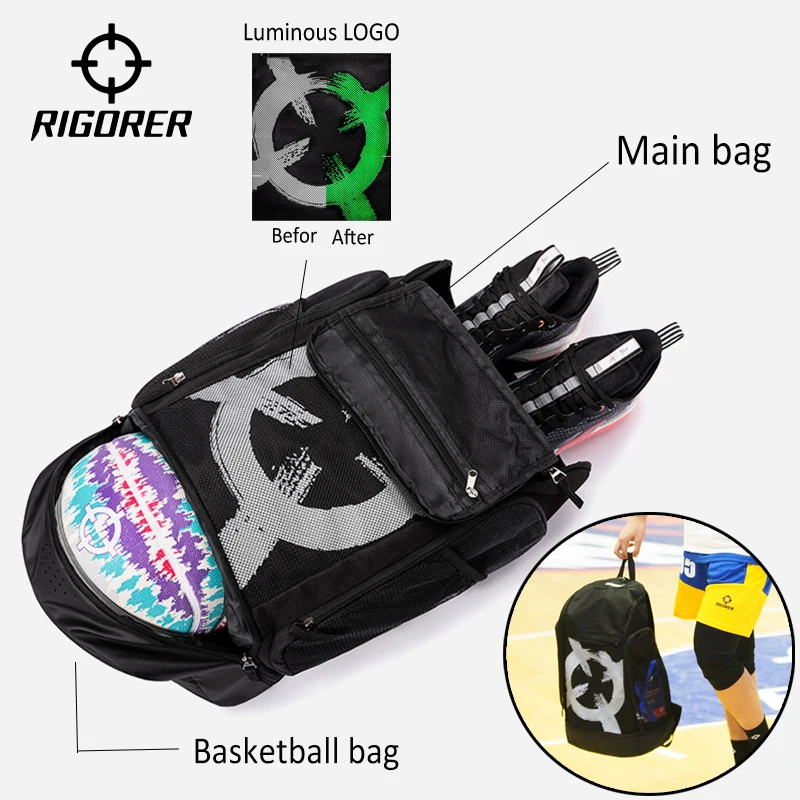 Sports Backpacks Sports Bags RIGORER Luminous Basketball Backpack Sports Multifunctional Backpack Fitness Training Bag Basketball Storage Equipment