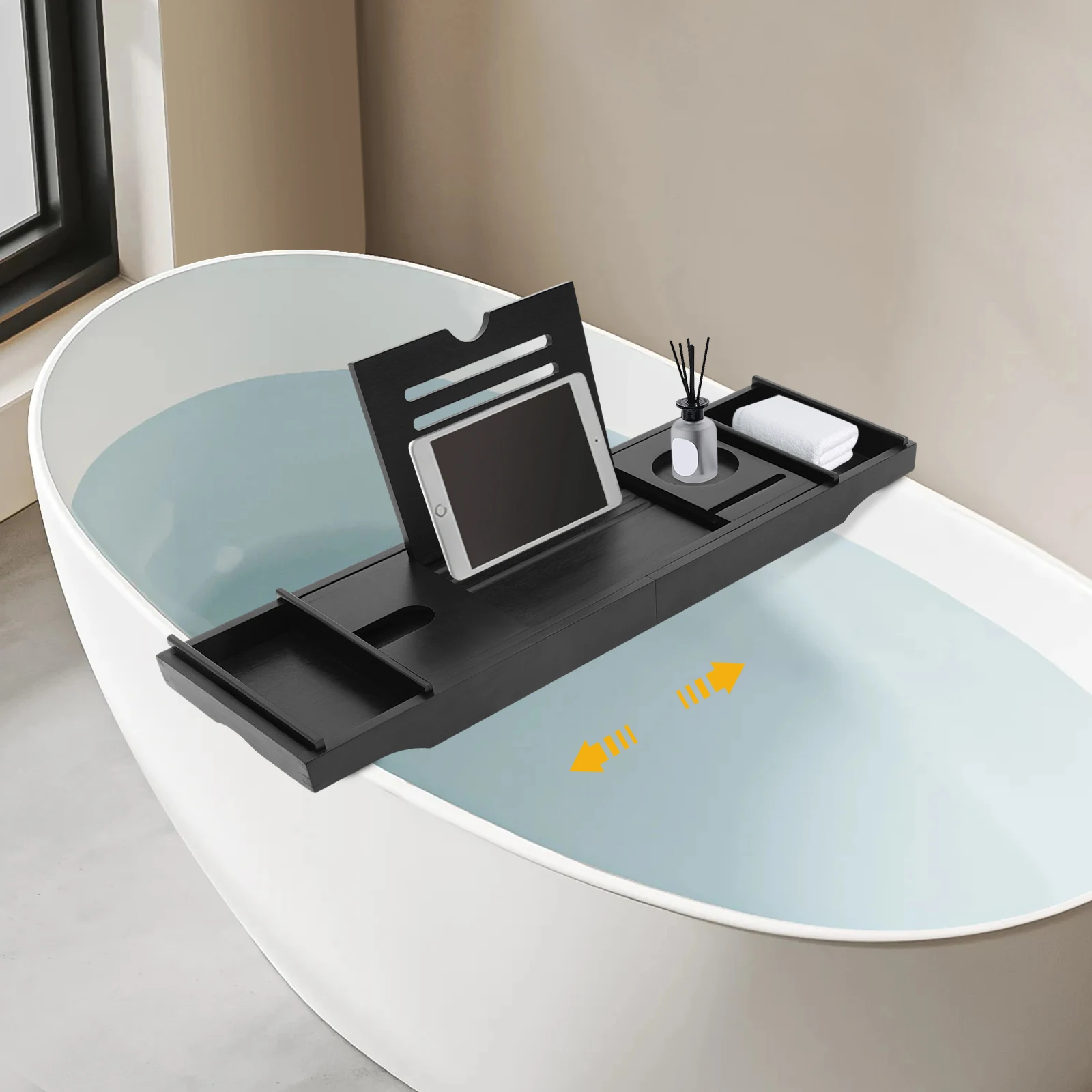 Erweiterbares Badewannenregal, Caddy-Tablett – Badewannen-Aufbewahrungsregal für Kerzen, Handtuch, Bade- und Serviertischtablett – Detail 8