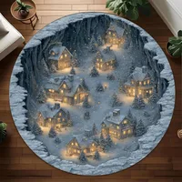 พรมลายหมู่บ้านหิมะวนวน 3 มิติ ลายถนนหิมะในฤดูหนาว ตกแต่งห้องนั่งเล่นและห้องนอน สไตล์เทพนิยายชวนฝัน 2