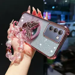 Elegant Butterfly Bracket Lanyard Plating Phone Case Cover for Vivo Y400 Pro (Pink)