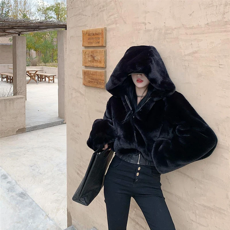 

Gidyq Winter Women Rabbit Fur Coats Korean Fashion Streetwear Plush Cropped Hooded Jacket Female Thick Warm Party Loose Overcoat