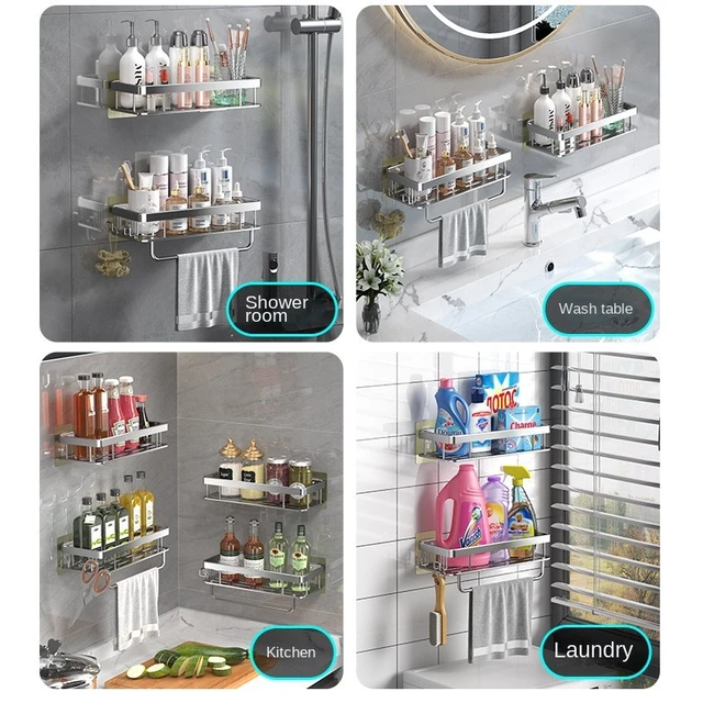 Estantes de baño de montaje en pared, aleación de aluminio, estante de  esquina sin taladro, estante de almacenamiento de ducha, soporte para  inodoro, organizador de maquillaje para champú - AliExpress