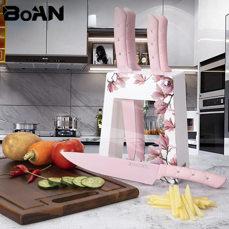  Kitchen Knife Set, 6 Pieces Pink Stainless Steel Sharp Cooking Knife  Set with Acrylic Stand, Non-stick Coating Pink Flower Block Knife Set with  Gift Box for Women Girls (Pink): Home 