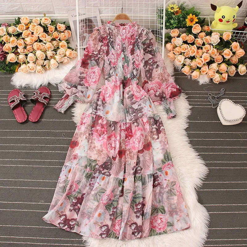 

2023 NewFashion Women Floral Print Ruched Elastic Chiffon Midi Long Dresses Lady Bohemian Flowy Casual Street Dress Elbise Robes