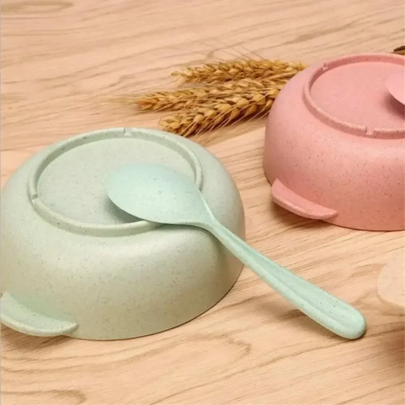 1pcs Eco-Friendly Wheat Straw Bowls with Spoon Reusable Baby Children's Dishes Kitchenware Bowl Home Kitchen Dinnerware Supplies