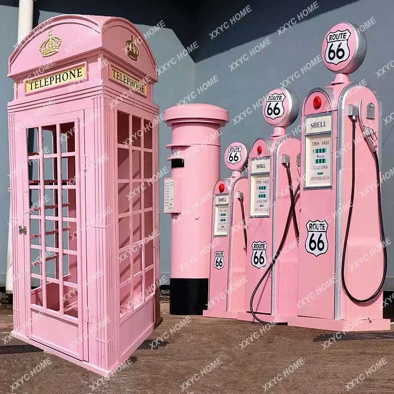 

Retro British Telephone Booth Post Box Pink Set Wrought Iron Road Sign Sign Shop Decoration Decoration Props