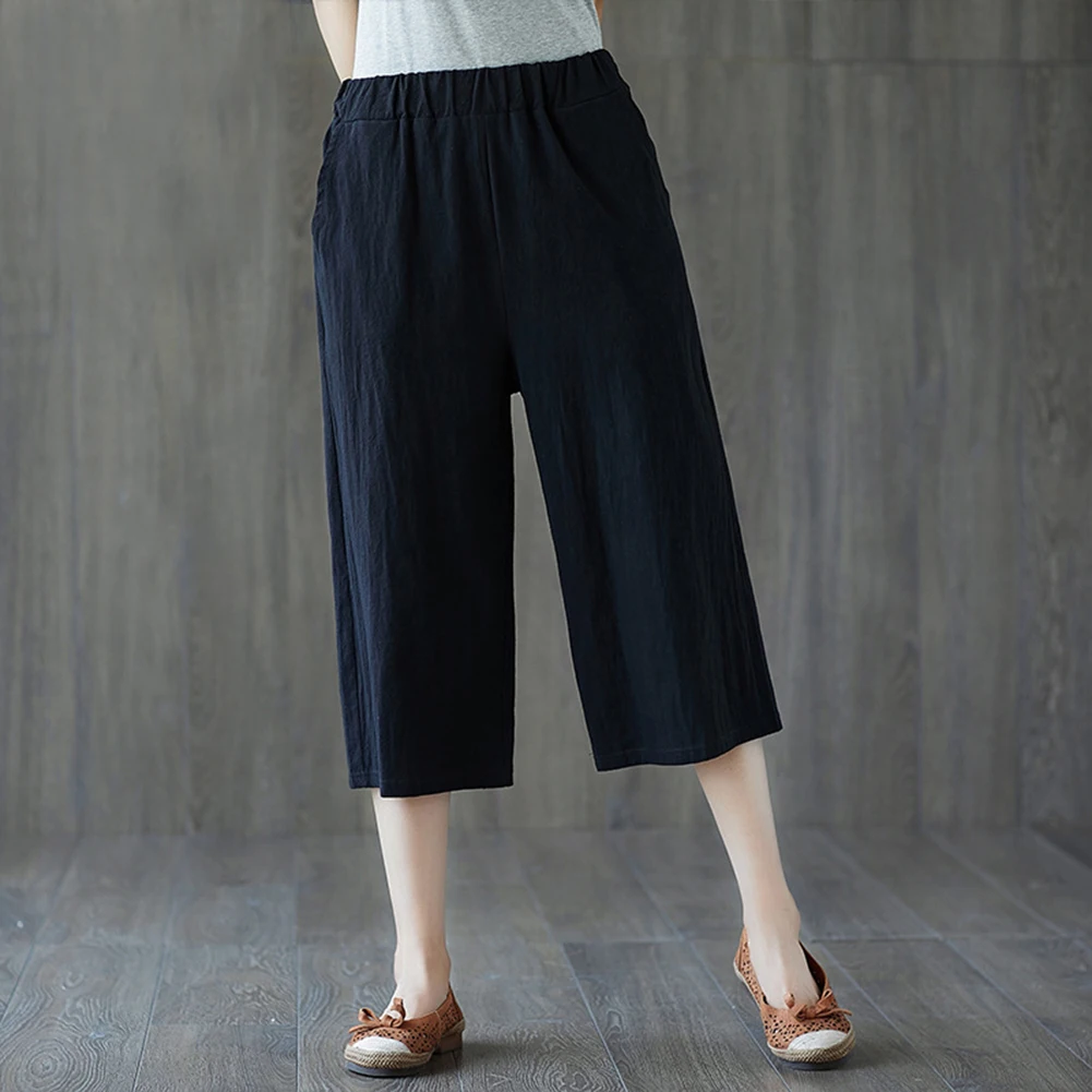 

Women Cotton Linen High Waist Shorts Wide Leg Pockets Casual Cropped Trousers