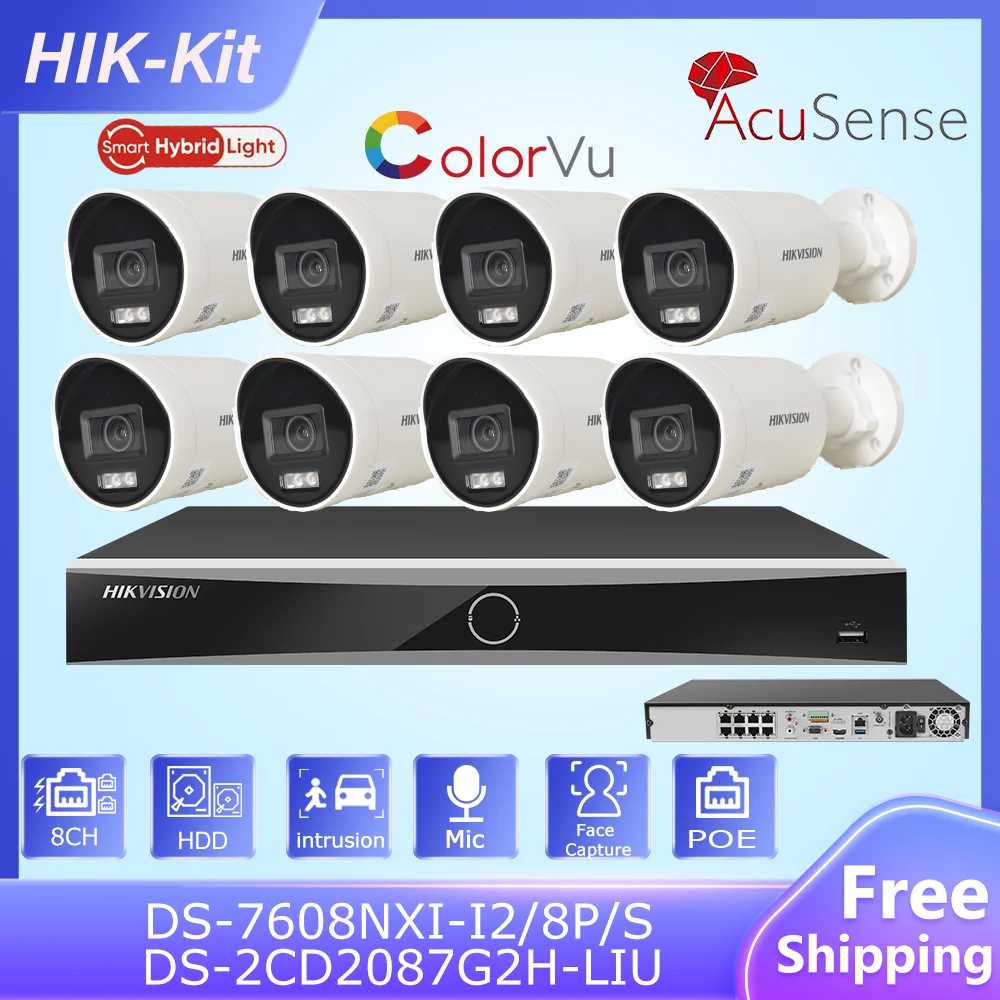 

Original HIK 4K CCTV Kits 8CH Acusense NVR DS-7608NXI-I2/8P/S 8MP ColorVu IP Camera DS-2CD2087G2H-LIU Surveillance Camera System