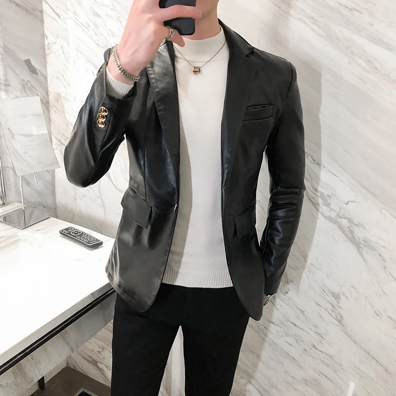 Korean Motorcycle Leather Jackets Men Large Lapel Pu Casual Biker Coat  Streetwear Social Business Coat Handsome Men Clothing - Faux Leather -  AliExpress