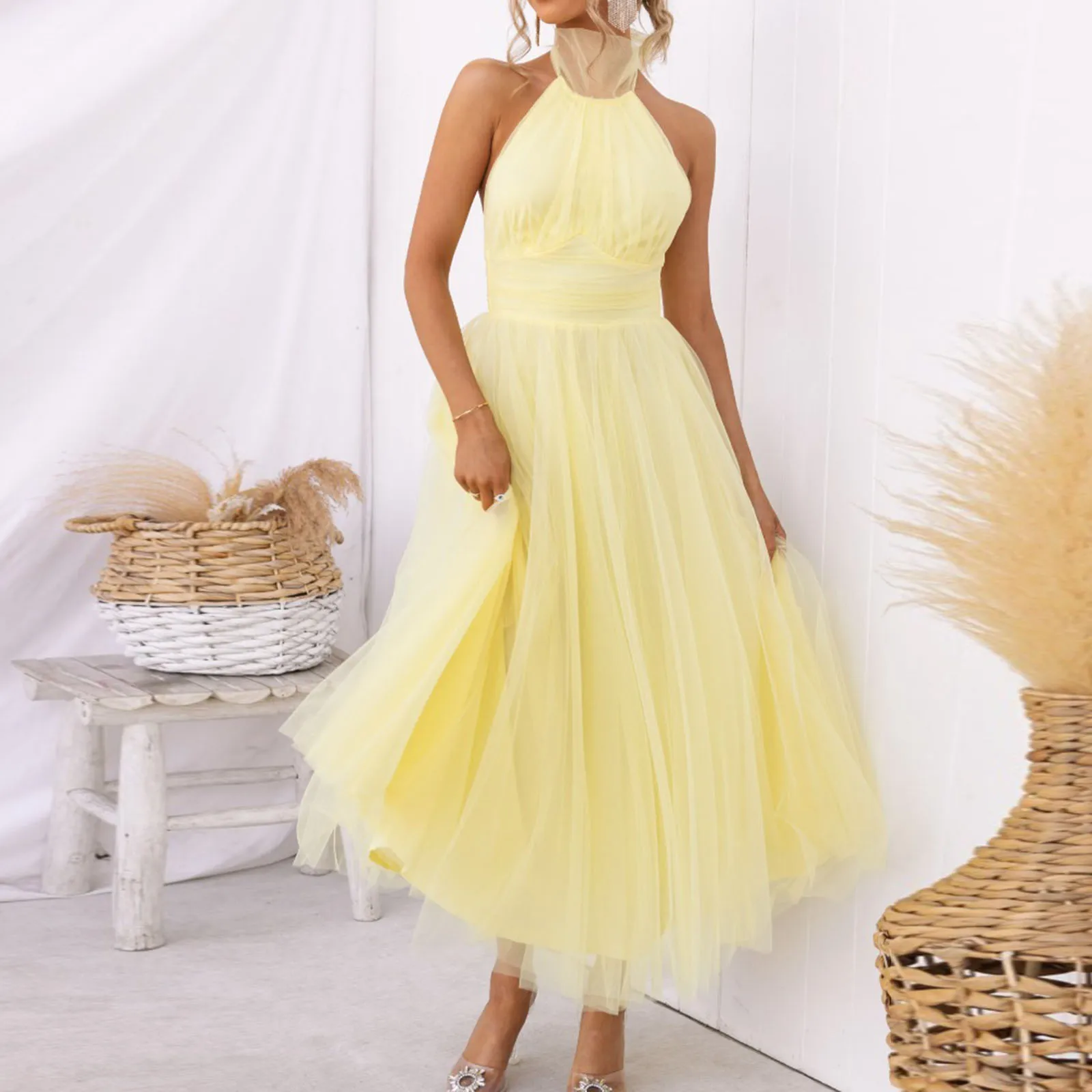 

Women’s Backless Long Dress Adjustable Tie Halter Neck Tulle High Waist Solid Party Wedding Dress