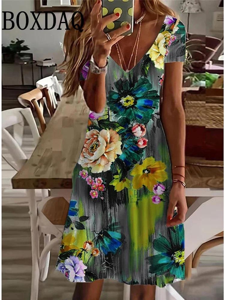 Women's Casual Dress Summer Plant Floral Print V Neck Midi Dress