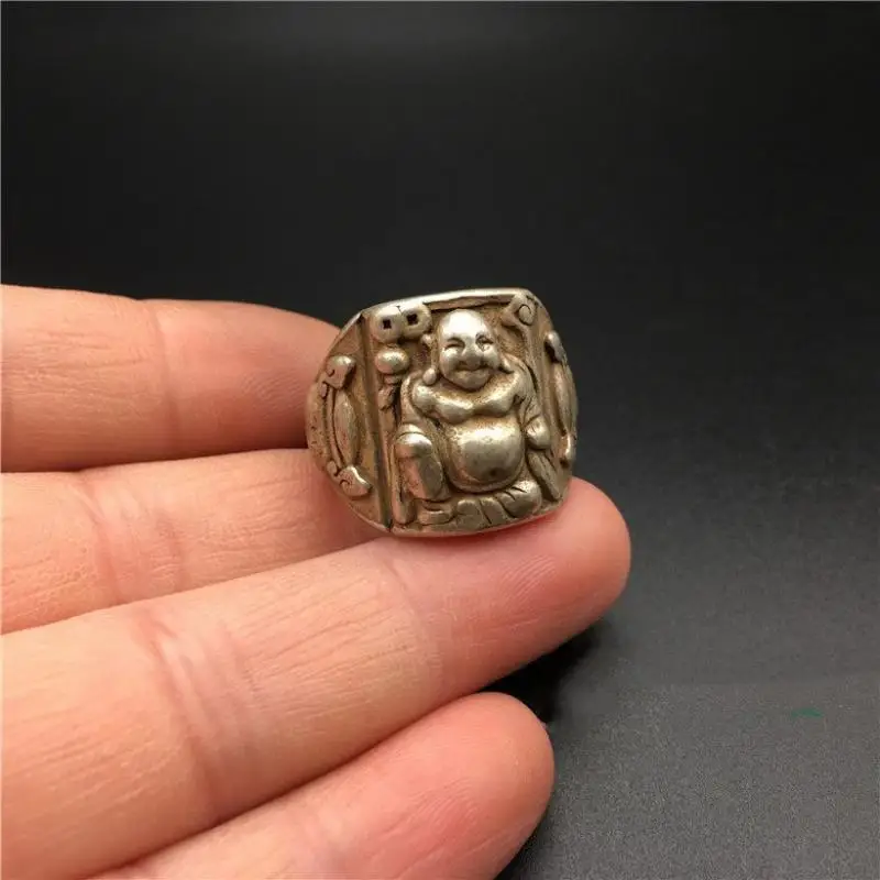 Old Chinese Miao Silver Carve Buddha Head Maitreya Jewellery Hand Ring Amuleto