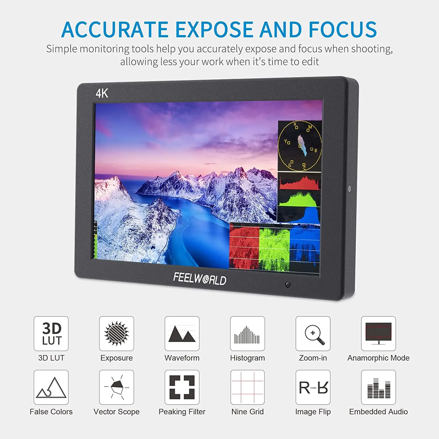 FEELWORLD Monitor T7 PLUS 7 Inch 3D LUT On Camera Field DSLR Monitor 4K HDMI Full HD 1920x1200 IPS Waveform Vector Aluminum Camera Monitor
