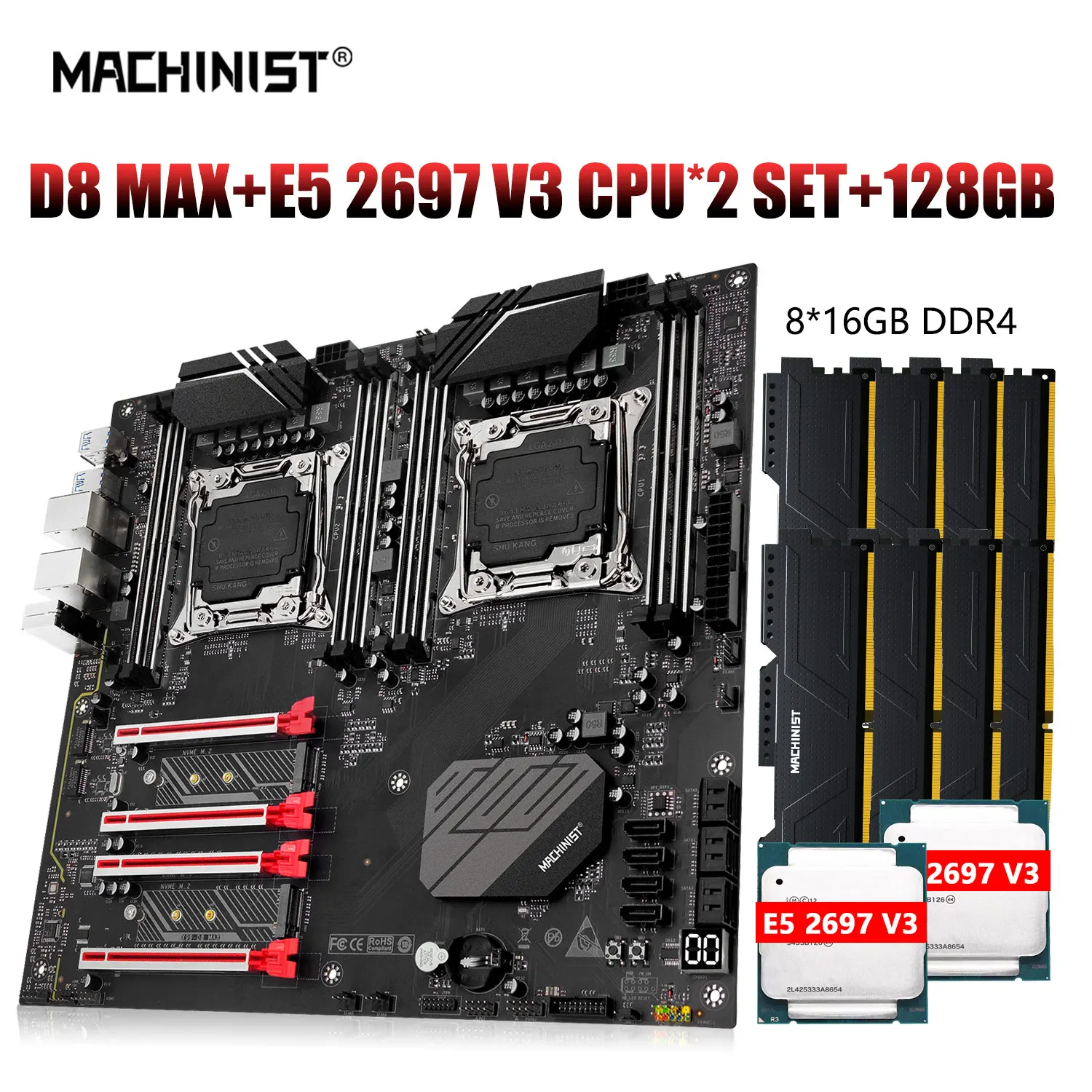 

MACHINIST X99 Xeon комплект материнской платы LGA 2011-3 E5 2697 v3 двойной процессор ЦПУ ECC DDR4 8*16 Гб памяти M.2 NVME ssd E-ATX D8 MAX