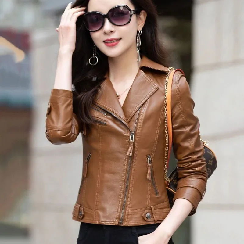 1pcs Women's Slim fit PU Leather Short Jackets Coat 2024 Spring Fashion Faux Fur Zipper Splicing Ladies Skinny Locomotive Coats