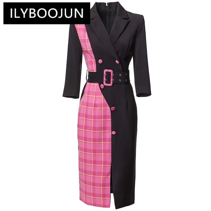 

ILYBOOJUN Fashion Women's New Suit Neck Three Quarter Sleeved Plaid Printed Irregular Button Patchwork Belt Pencil MIDI Dress