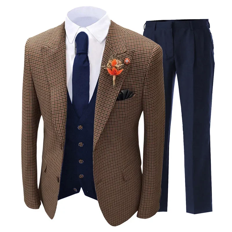 Men's Suit 3 Pieces Set Version Slim Fitting Casual Plaid Stripes Suitable For Wedding Banquets Jacket Vest With Pants