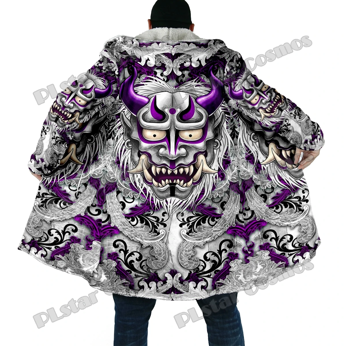 Winter Fashion Men's cloak Samurai Oni Mask Tattoo 3D Printed Thick Fleece Hooded Cloak Unisex Casual Warm Cape Coat DP59