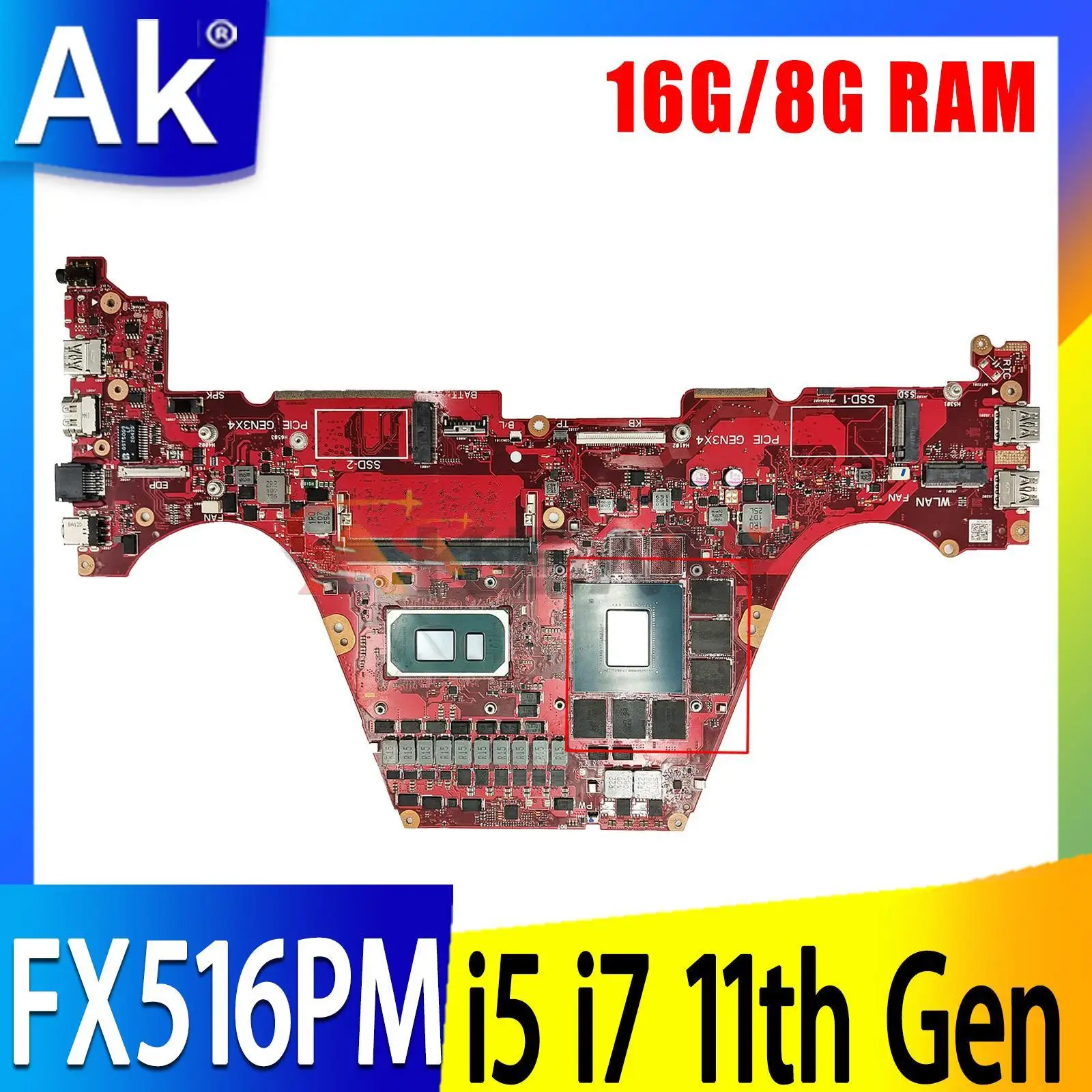 

FX516PM FX516 Mainboard For ASUS TUF Dash F15 FX516PM-HN129T Laptop Motherboard i5-11300H i7-11370H CPU 8G 16G RAM RTX 3060 V6G