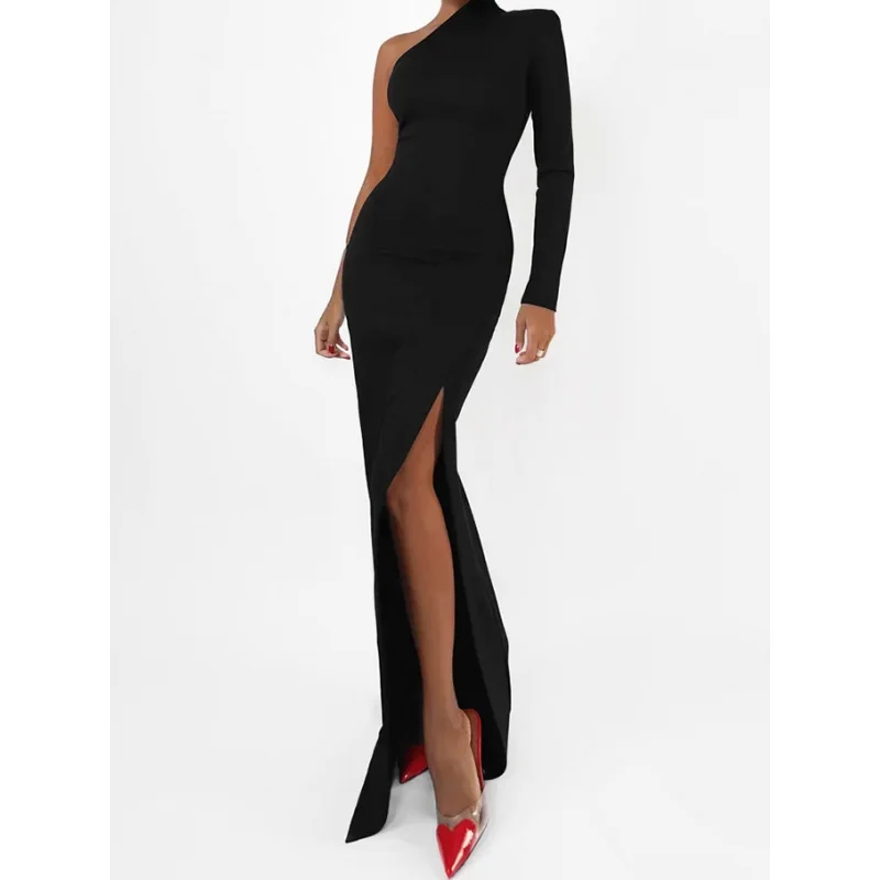 

Brushed Black Knitted High Waist Slit Tight Dress Chic Spring and Summer Fashion New Female Yy18