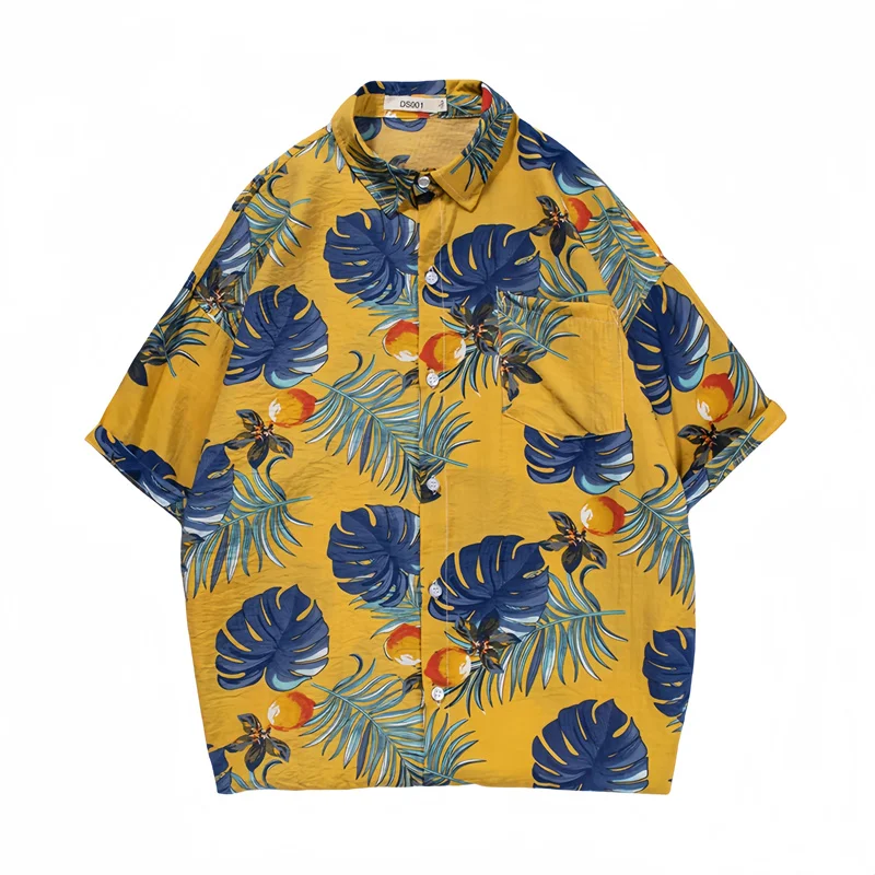Men's Summer Thin Casual Floral Shirt Retro Handsome Hawaiian Beach Oversized Loose Fitting Short Sleeve Print Shirt Coat