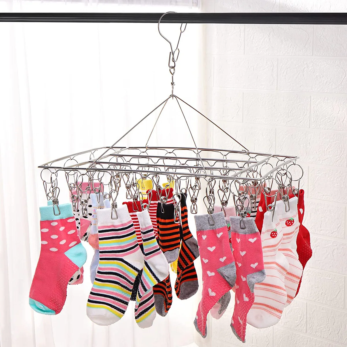 Sock Drying Rack with 36 Pegs Stainless Steel Sock Hanging Rack Swivel Wind-proof Laundry Drip Hanger Foldable Sock Hanger 2