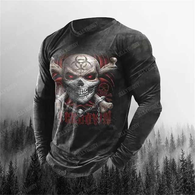 Long Sleeve Horror Skull 3d Printed Men's Oversized T Shirt New Winter Street Hip Hop High Quality Fashion Black Casual Shirt 5