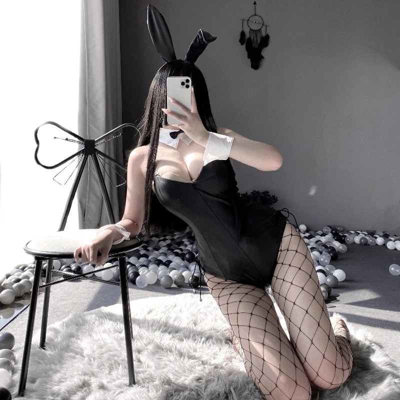 Cute Anime Bunny Girl Faux Leather Material Cosplay Costume Halloween Women One Piece Bodysuit Set Rabbit Suit Role play Kawaii