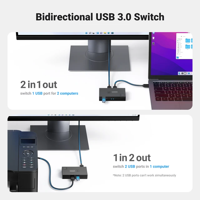  UGREEN USB 3.0 Switch 2 Computers Sharing USB C & A Devices, 4  Port USB Switcher Sharing Keyboard and Mouse, Printer/Scanner USB Switch  Hub for Two Computers with 2 USB3.0 Cables