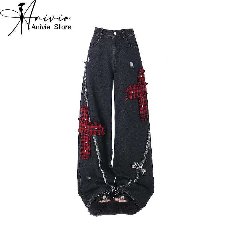 

Women's Black Gothic Baggy Y2k Jeans Vintage Streetwear Aesthetic Cowboy Pants Harajuku Punk Denim Trouser 2000s Trashy Clothes