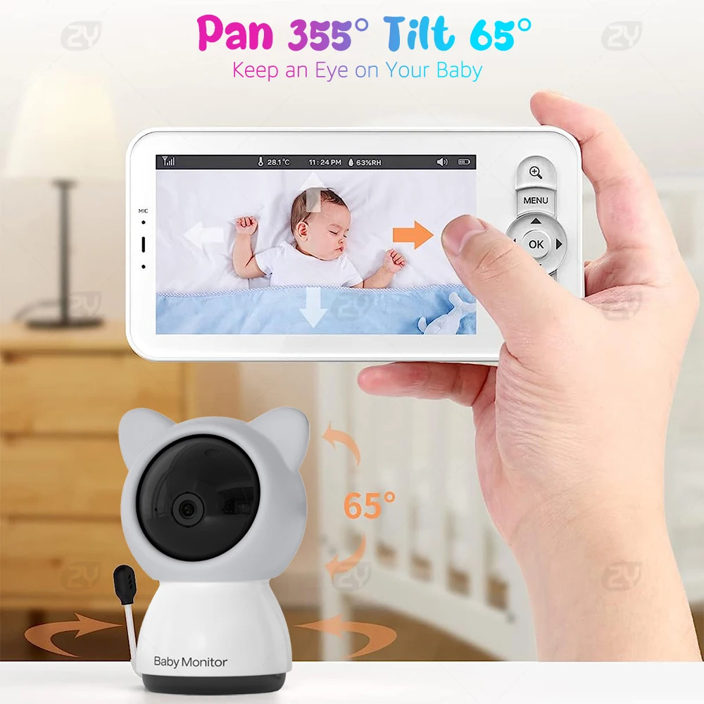 WiFi-babyfoon met APP, 5-inch 720P-scherm, 1080p-camera, HD-nachtzicht, Pan Tilt Zoom op afstand, 2-weg praten, gratis smartphone-app, 3000mAh-batterij, 1000ft