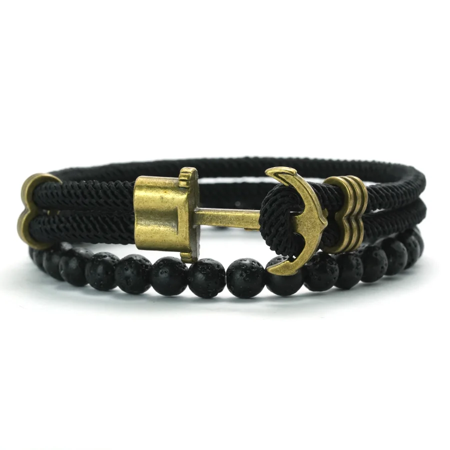 Retro 2 Teile/satz Männer Anker Armband 6mm Natürliche Lava Stein Perlen Armband 6 Farben Grade A 4mm ethnische Stoff Armband Pulseria – Detail 11