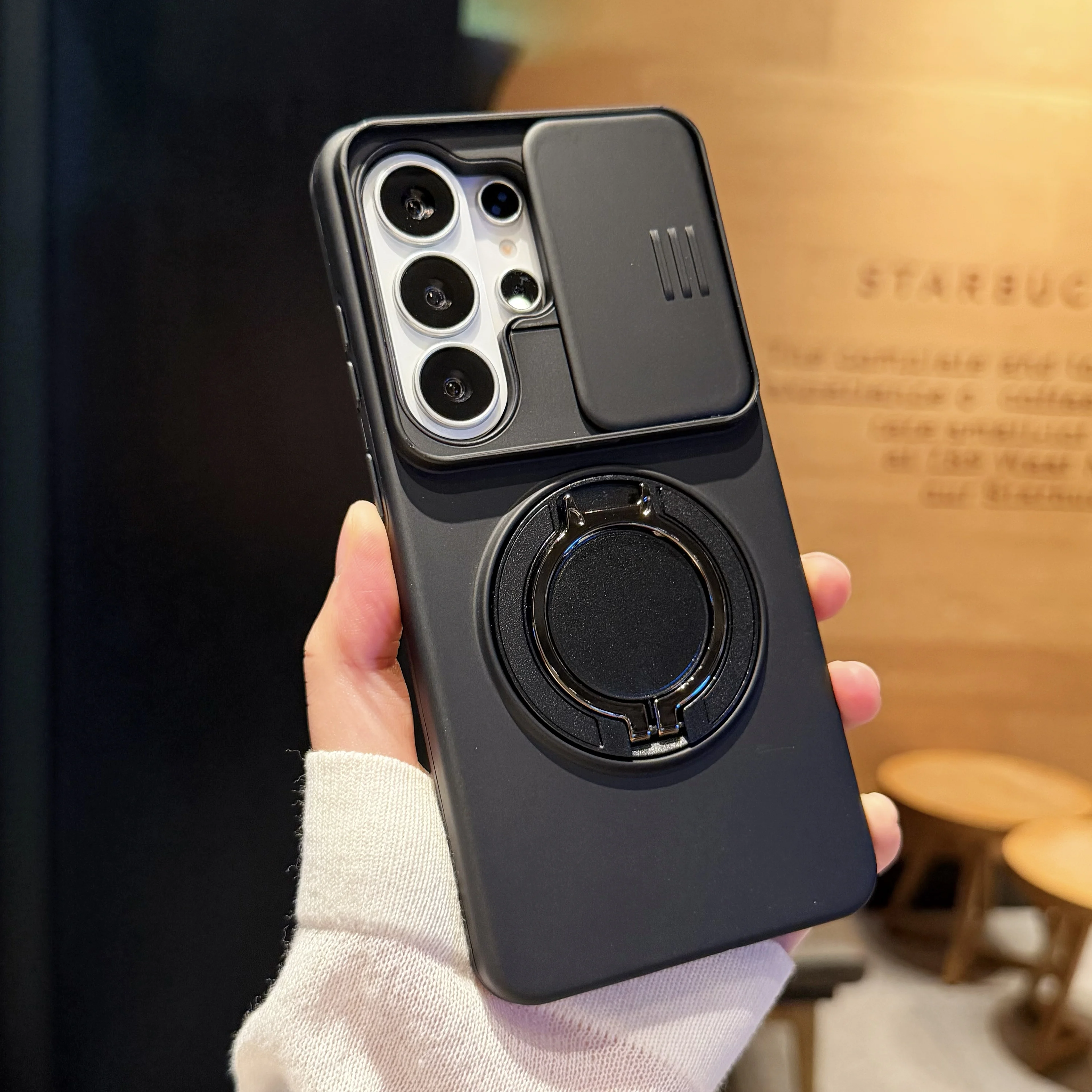 Magnetic Ring Stand Phone Case with Slide Camera Lens Protection and Dual Material Design