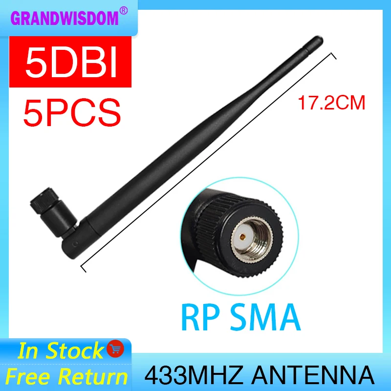5Pcs 433Mhz Lora Antenna 5Dbi Gsm Rp-Sma Connettore In Gomma Impermeabile Direzionale Iot Pbx Antenne Ricevitore Wireless