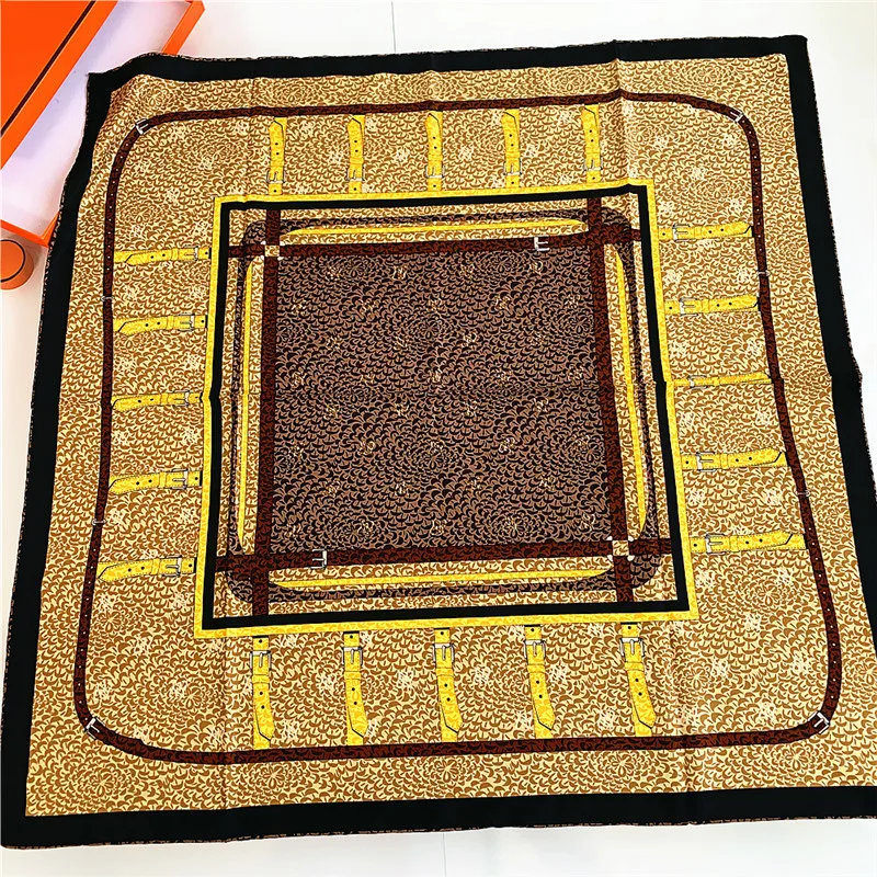 

90cm Luxury Twill Silk Square Shawl Women Leopard Hijab Scarf Bandana Handmade Curled Foulard Head Scarves Warps Beach Towel