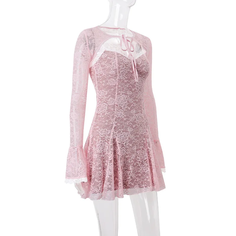 JULISSA MO Sexy See Through Lace Women Dress Pink Flare Sleeve Print Floral Dress Female Autumn New Elegant Two Piece Sets 2025