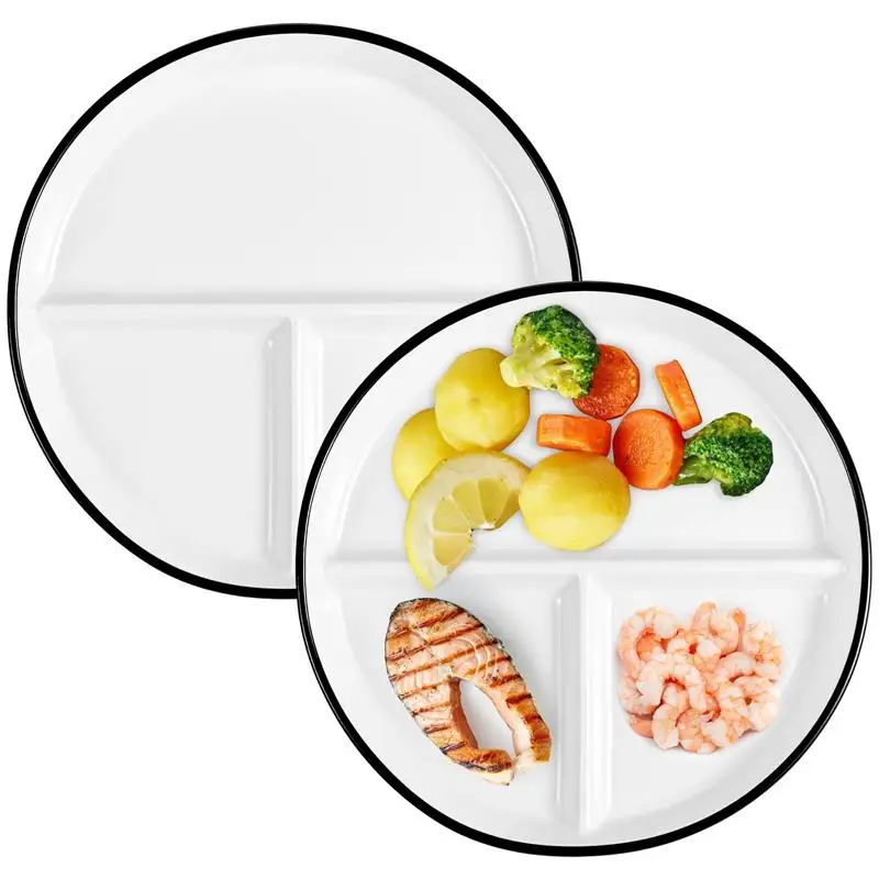 2Pcs Portion Control Plates 8" Ceramic Divided Plates Round Porcelain Dinner Diet White Ceramic For Balanced Meals