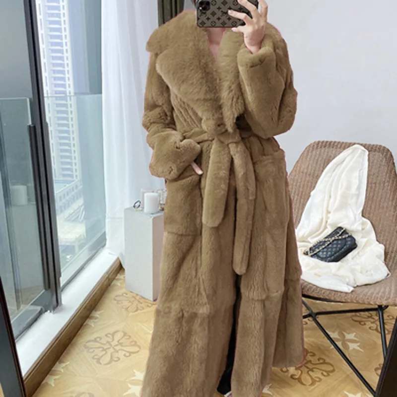 Woman Clothing Faux Fur Coat Winter Long Fur Jacket Fur Collar Oversized Warm Outerwears Sheepskin Coat Thicken Belt Long Sleeve