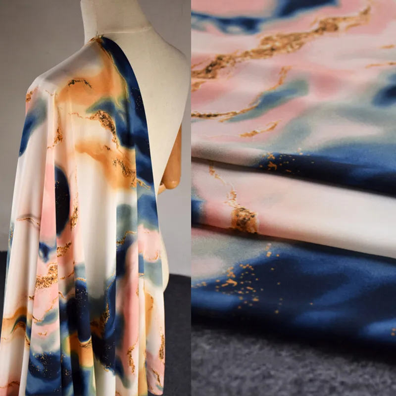 Half Meter Elegant Navy Pink Smudge Print High Grade Elastic Chiffon Fabric Dress Goan Pajamas Soft Cloth Material T1839 sewing fabric