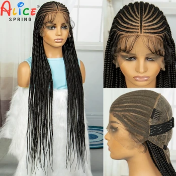 36inch Handmade Cornrow Braided Wigs Synthetic Full Lace Natural Box Braided Lace Wigs with Baby Hair for Black Women