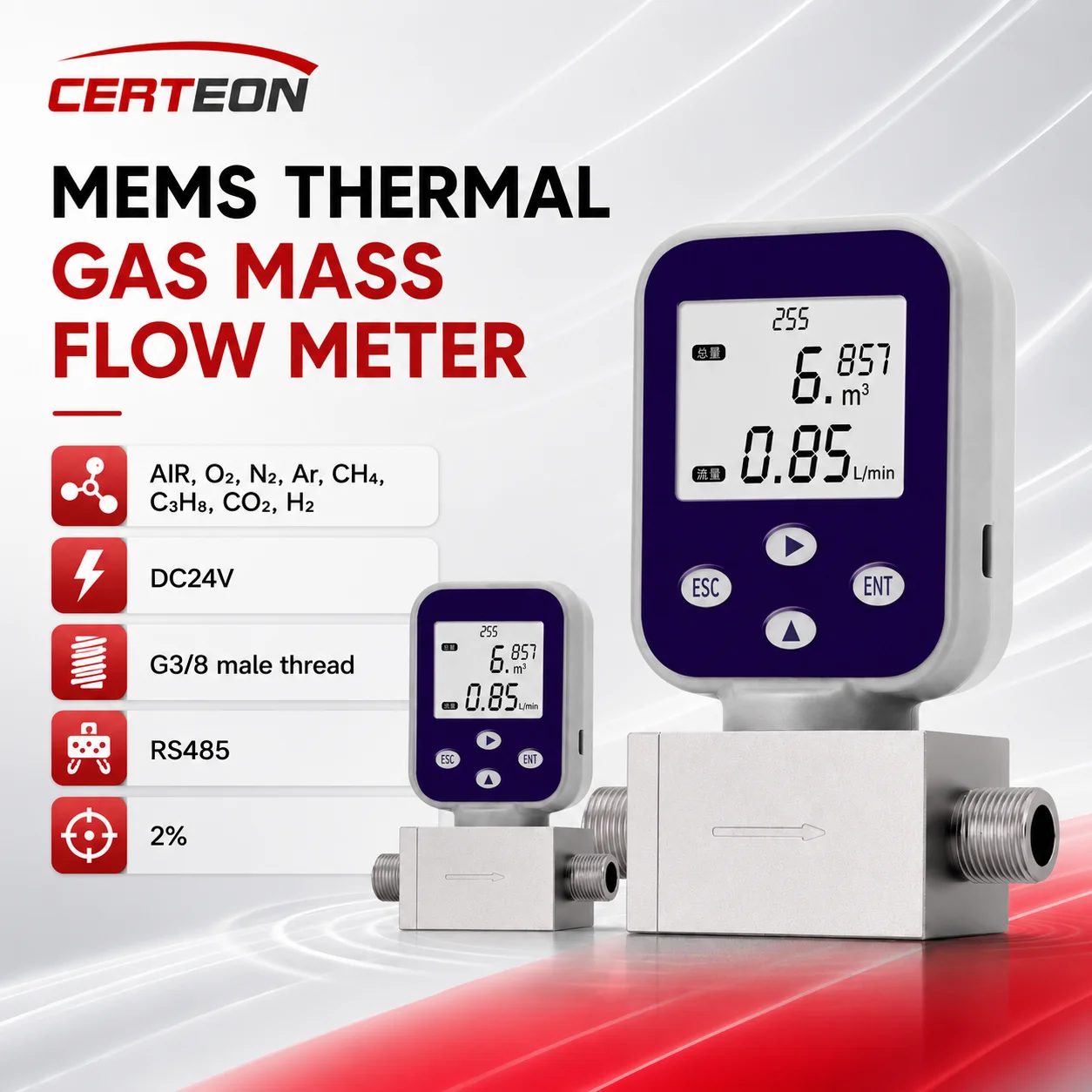 SL Series MEMS Gas Mass Flow Meter Thermal Sensor DC24V RS485 Air Nitrogen Oxygen Hydrogen Argon Controller Industrial Use