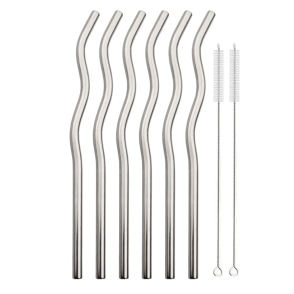 6Pcs Silver Stainless Steel Straws Drinking Straw Wave Reusable Straws With Cleaning Brush Set Bar Party Home Bar Accessory