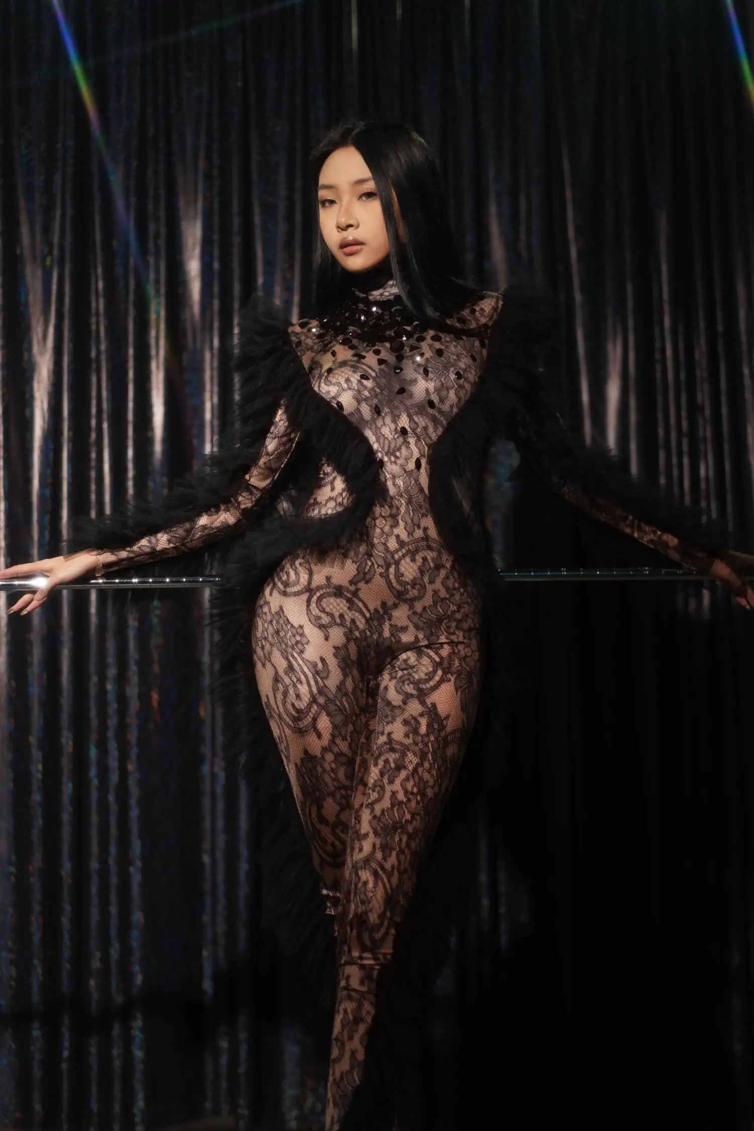 Drag Queen Club Pole Dance Clothing Fashion Stone Black Lace Printed Jumpsuit Woman Birthday Celebrate Party Pants Heihuzi