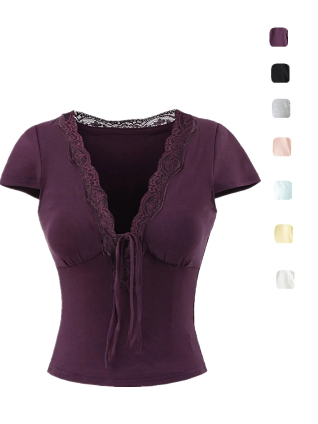 Sexy V-Ne ort Sve T-irt Lace Patchwork Slim Fit oulder Pad Street Sle Summer Top for Young Women