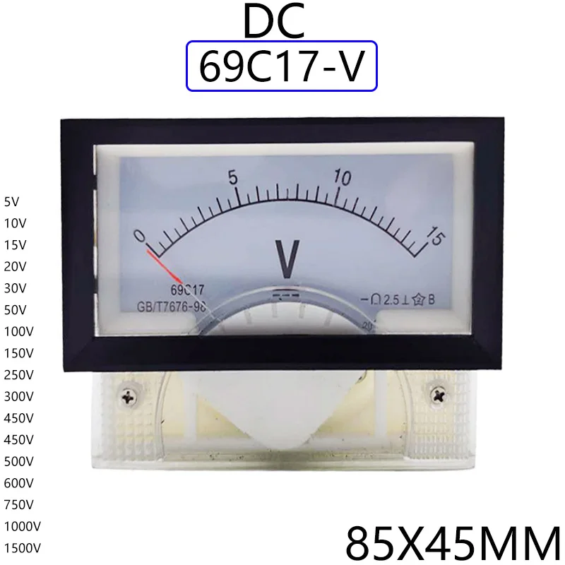 1Pc 69C17-V 15V 20V 30V 50V 100V Dc Misuratore Analogico Diretto Misuratore Di Pannello Misuratore Di Corrente Di Tensione Cc 85*46Mm Voltmetro Voltim