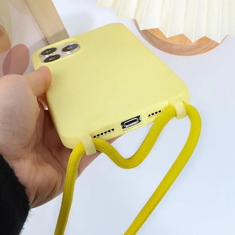 Vibrant Yellow Liquid Silicone TPU Phone Case with Lanyard and Shockproof Protection
