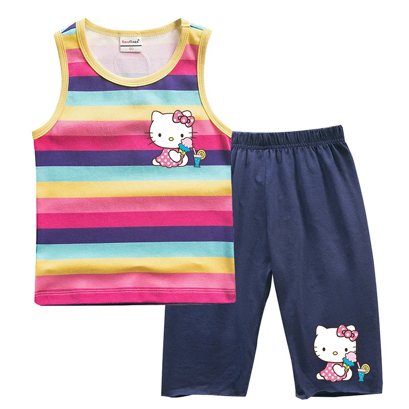 thumbnail image 1 of Hello Kitty-Chaleco a rayas de algodón para niñas, traje exterior informal para niños, cuello redondo sin mangas y pantalones cortos, conjunto de dos piezas, novedad de verano, 1 of 5